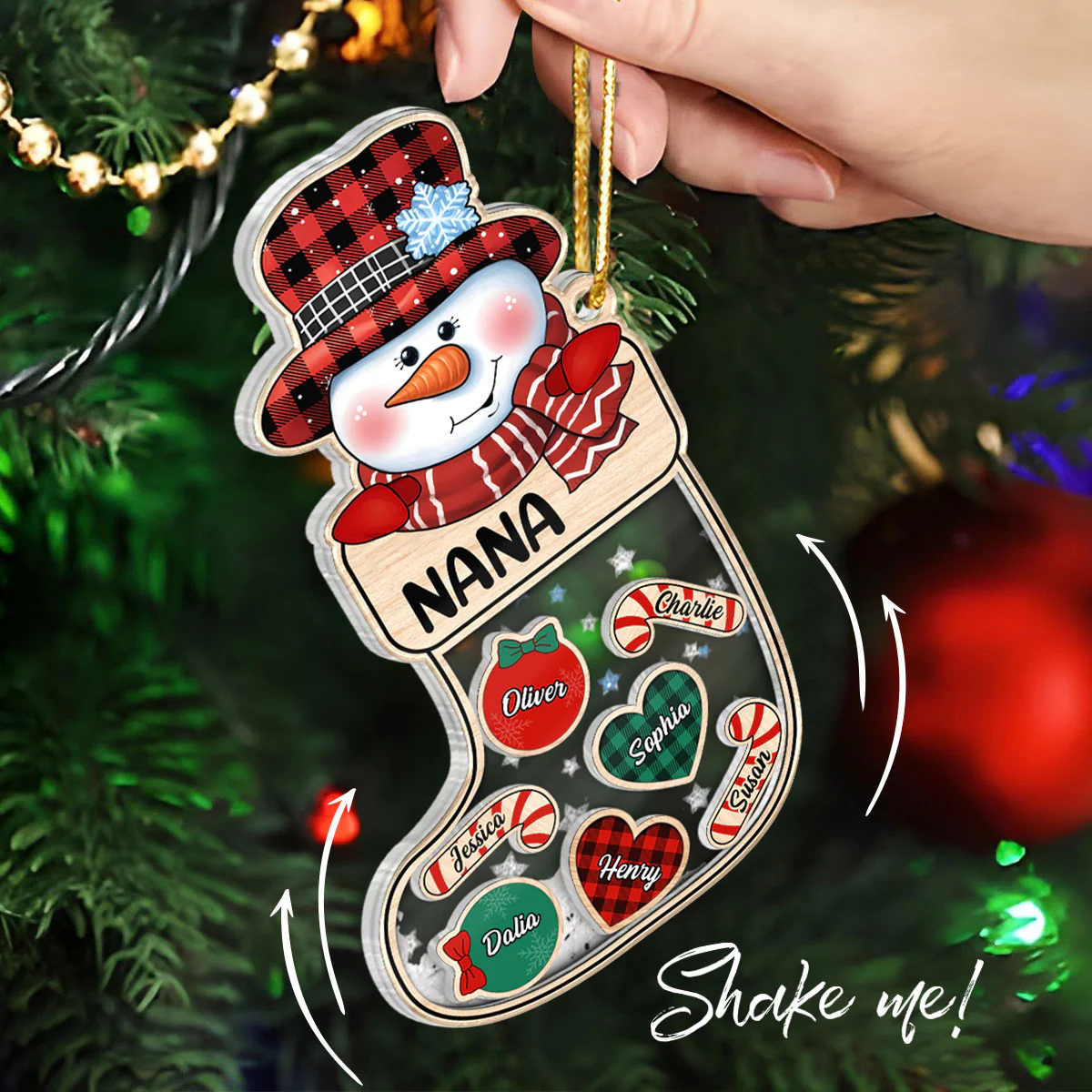 Grandma Snowman Kids In Christmas Socks Personalized Shaker Ornament - Image 2