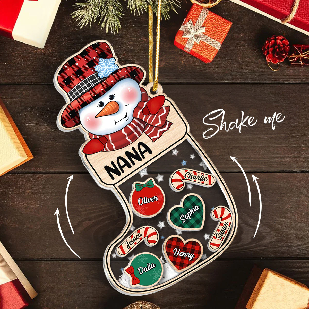 Grandma Snowman Kids In Christmas Socks Personalized Shaker Ornament - Image 3