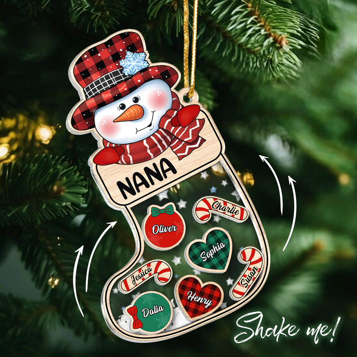 Grandma Snowman Kids In Christmas Socks Personalized Shaker Ornament - Image 4