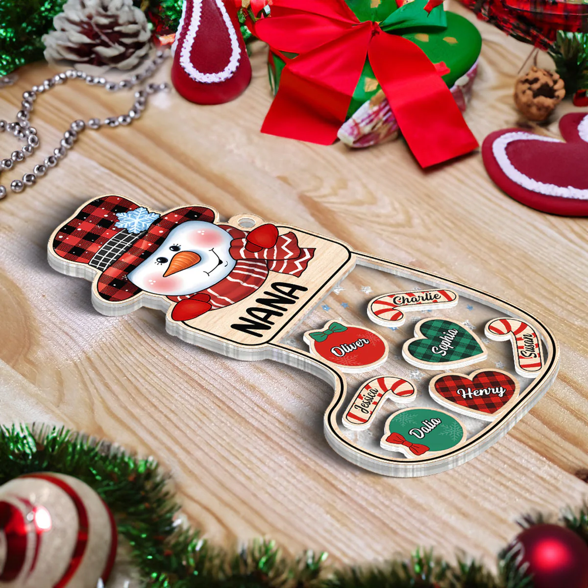 Grandma Snowman Kids In Christmas Socks Personalized Shaker Ornament - Image 5
