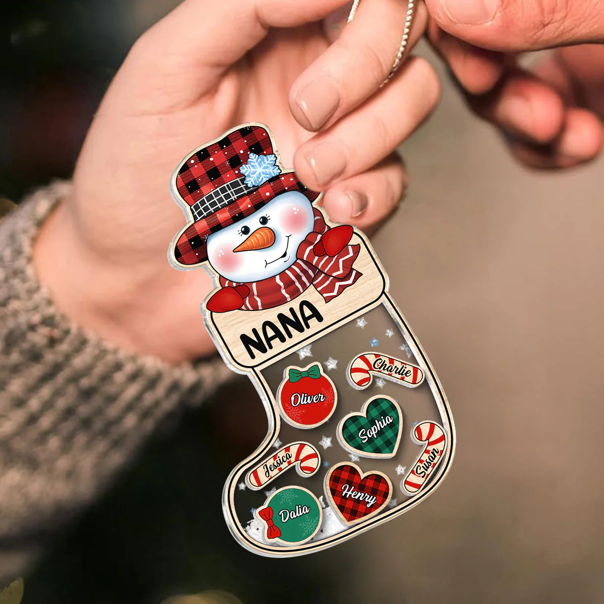 Grandma Snowman Kids In Christmas Socks Personalized Shaker Ornament - Image 6