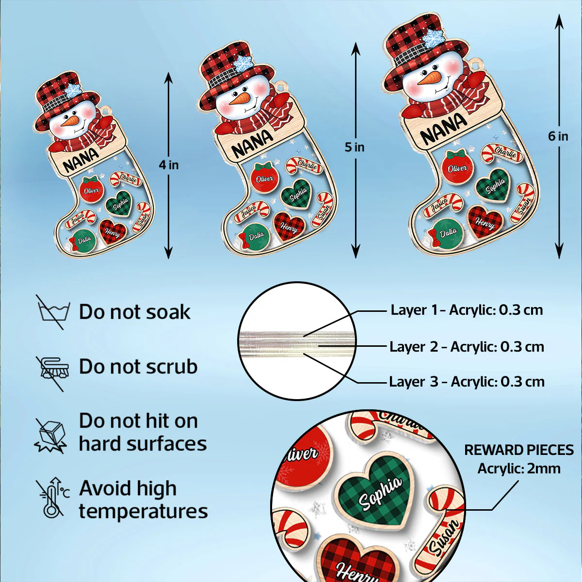 Grandma Snowman Kids In Christmas Socks Personalized Shaker Ornament - Image 7