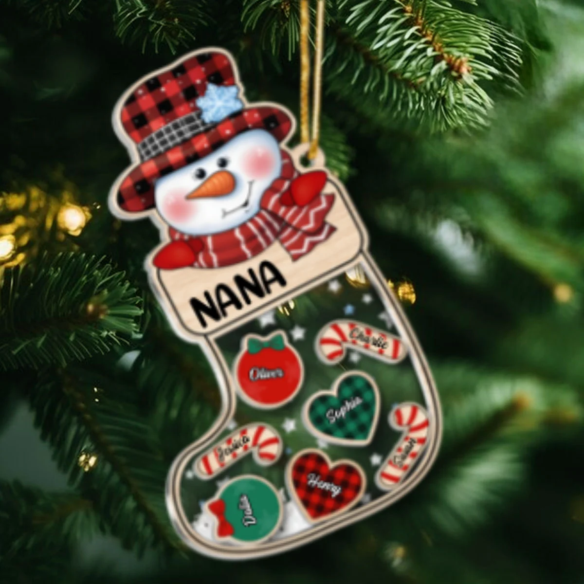 Grandma Snowman Kids In Christmas Socks Personalized Shaker Ornament - Image 8