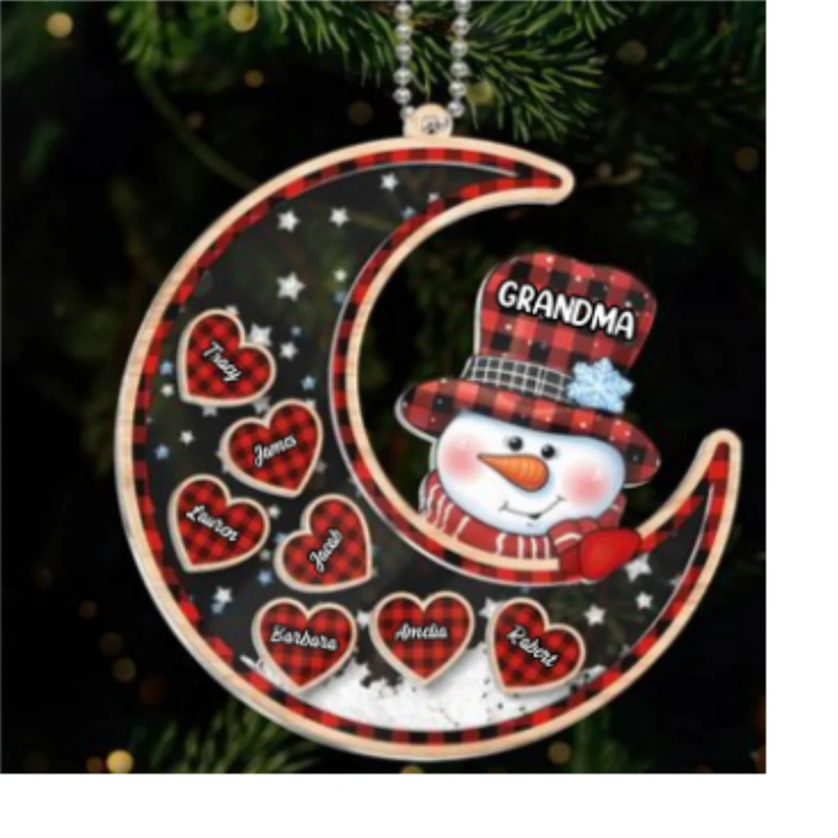 Grandma Snowman On Moon Personalized Shaker Ornament, Christmas Gift For Grandma & Grandchildren - Image 9