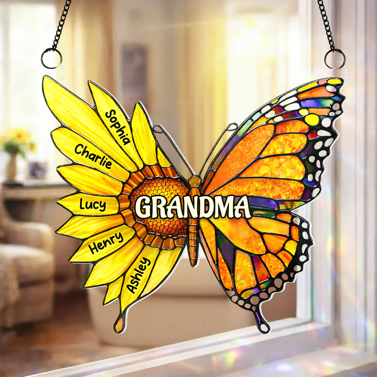 Grandma Sunflower Butterfly Custom Kids Names - Personalized Suncatcher Ornament - Mother's Day Gift For Grandma, Mom, Wife - Image 2