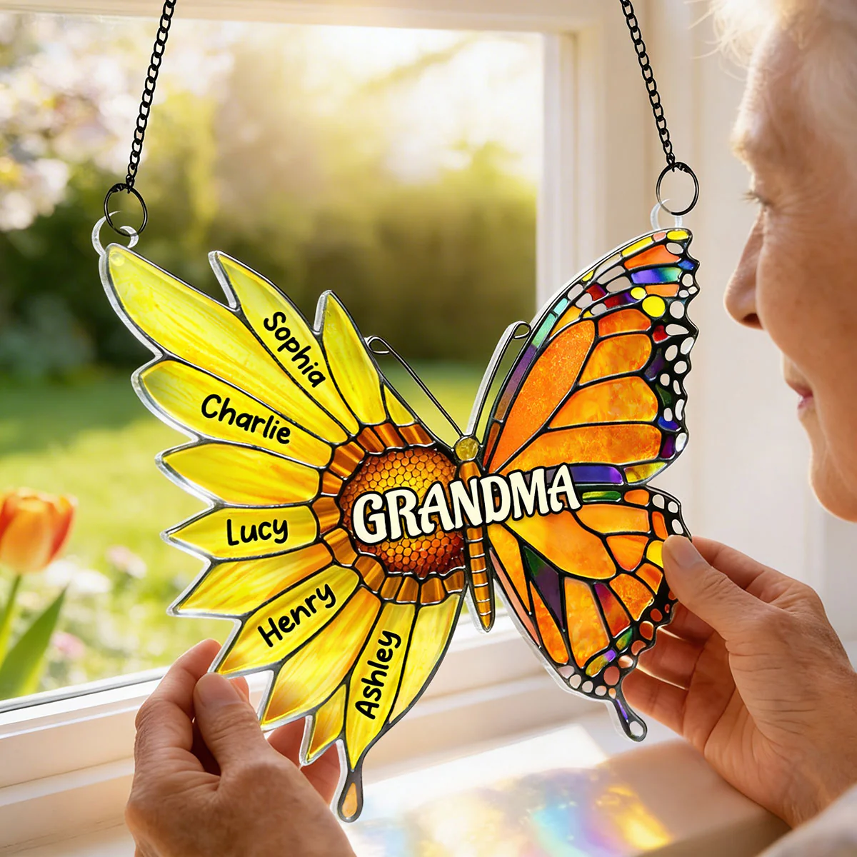Grandma Sunflower Butterfly Custom Kids Names - Personalized Suncatcher Ornament - Mother's Day Gift For Grandma, Mom, Wife - Image 3
