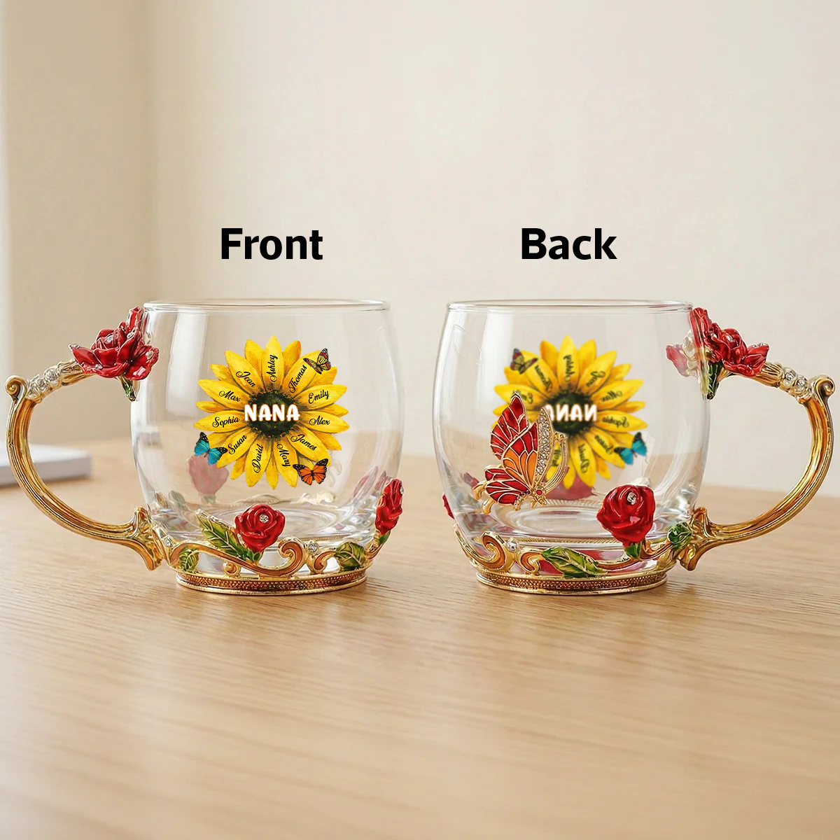 Grandma Sunflower Custom Kids Names - Personalized Enamel Flower Tea Cup - Gift For Grandma, Mom - Image 2