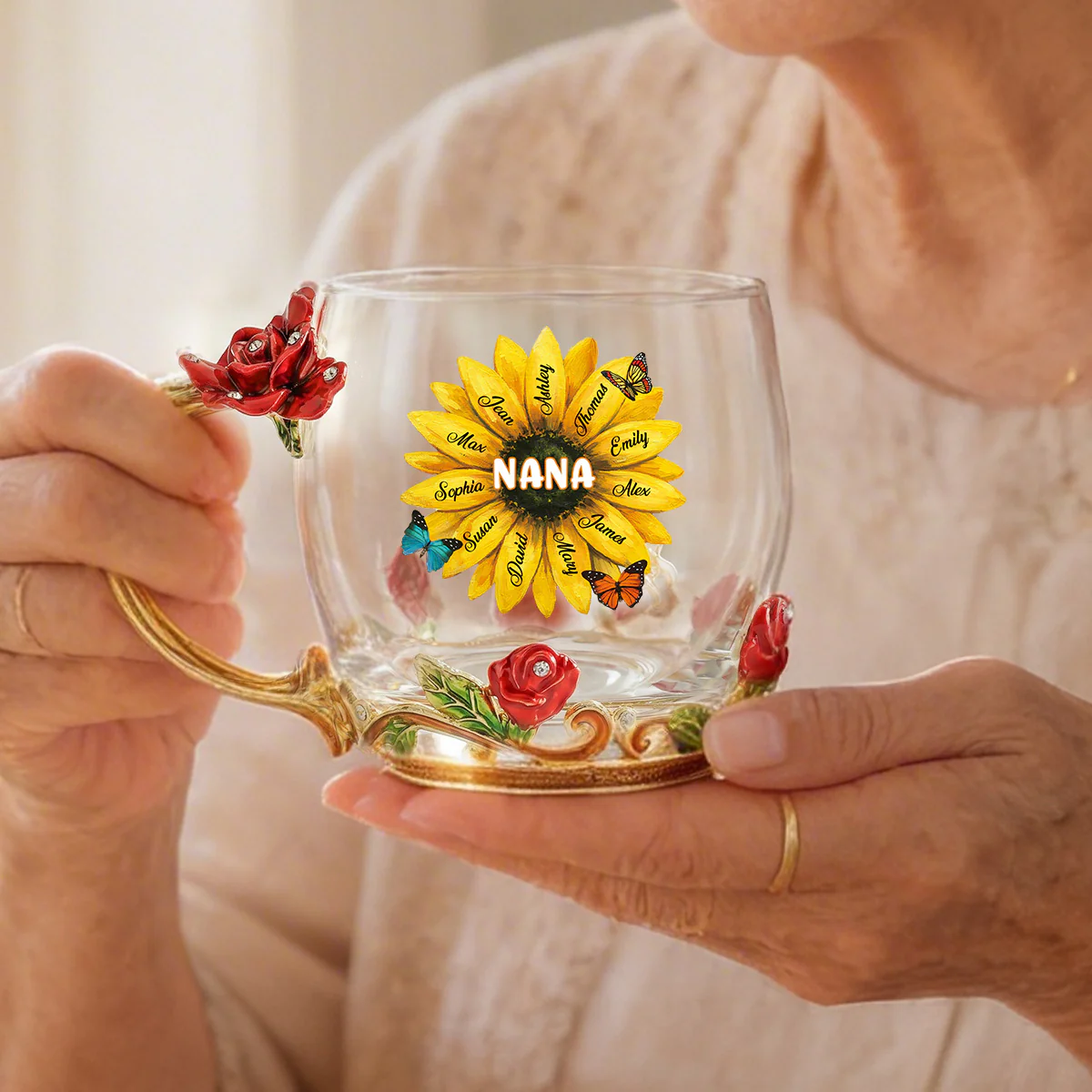 Grandma Sunflower Custom Kids Names - Personalized Enamel Flower Tea Cup - Gift For Grandma, Mom - Image 3