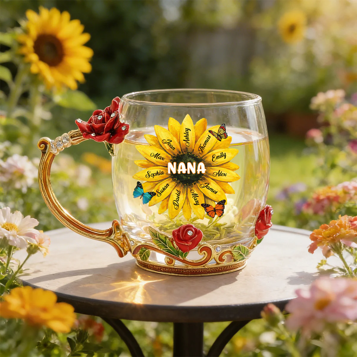 Grandma Sunflower Custom Kids Names - Personalized Enamel Flower Tea Cup - Gift For Grandma, Mom - Image 4