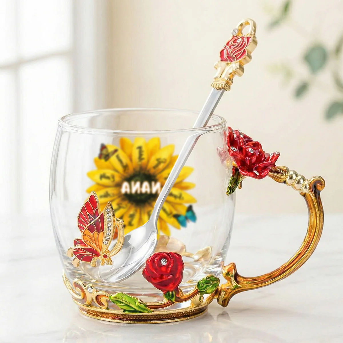 Grandma Sunflower Custom Kids Names - Personalized Enamel Flower Tea Cup - Gift For Grandma, Mom - Image 5