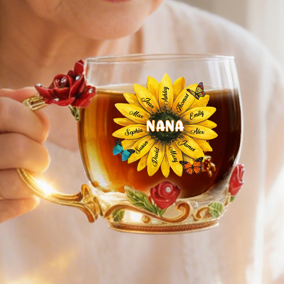 Grandma Sunflower Custom Kids Names - Personalized Enamel Flower Tea Cup - Gift For Grandma, Mom - Image 6