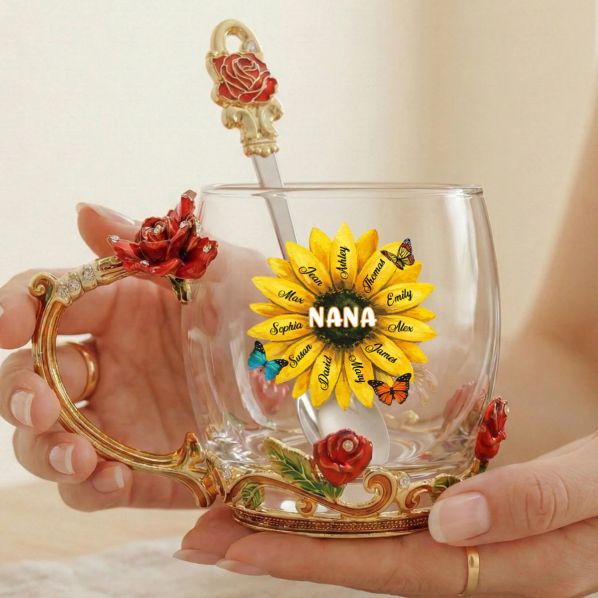 Grandma Sunflower Custom Kids Names - Personalized Enamel Flower Tea Cup - Gift For Grandma, Mom - Image 7
