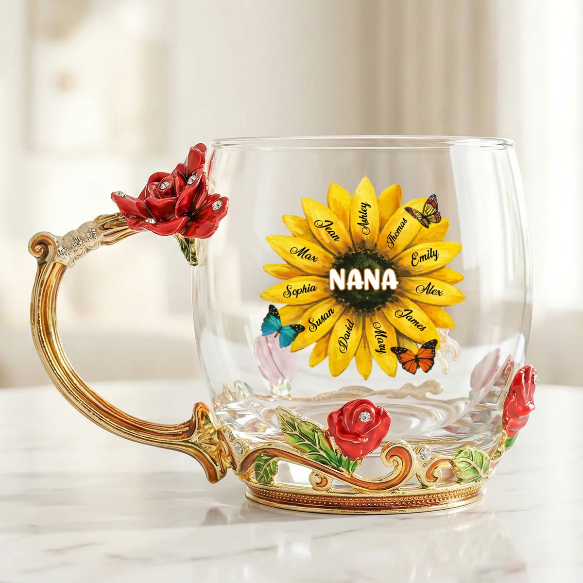 Grandma Sunflower Custom Kids Names - Personalized Enamel Flower Tea Cup - Gift For Grandma, Mom - Image 9