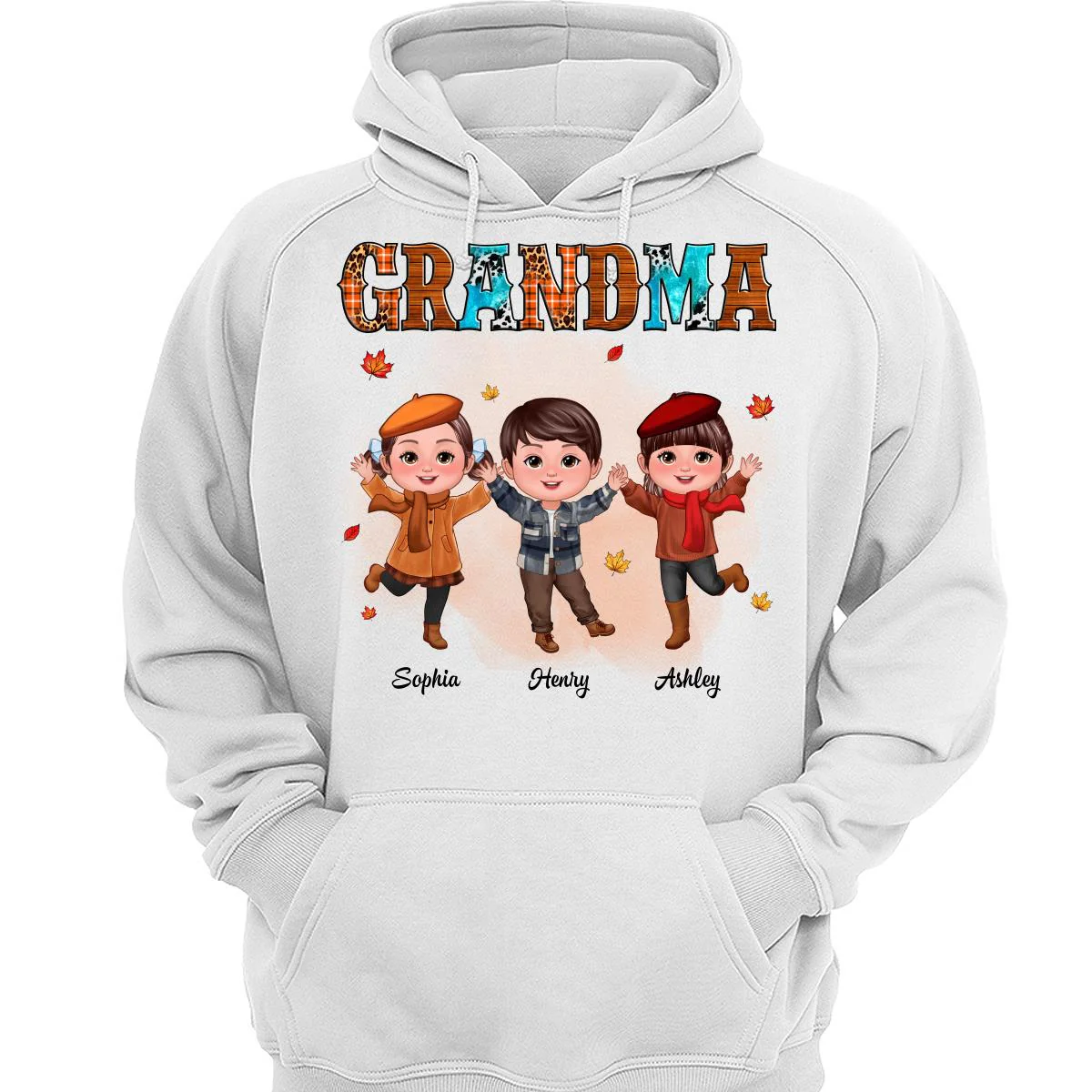 Grandma Teal And Leopard Fall Season Happy Doll Grandkids Personalized Shirt - Image 3