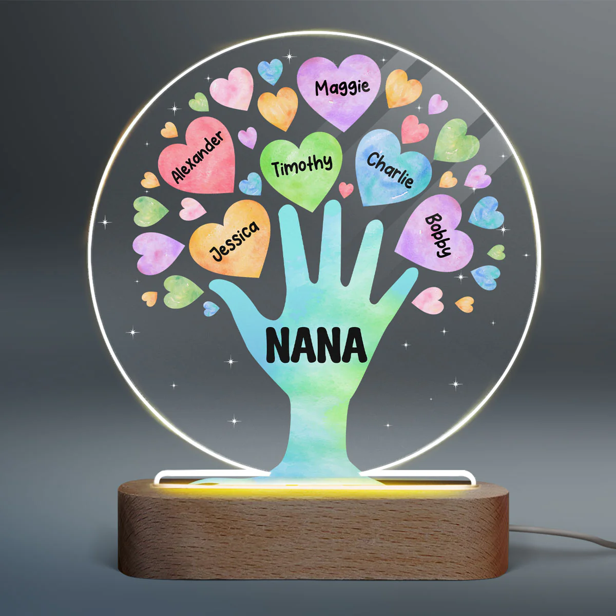 Grandma Tree Hand & Colorful Hearts Personalized Acrylic Plaque With LED Night Light - Image 2