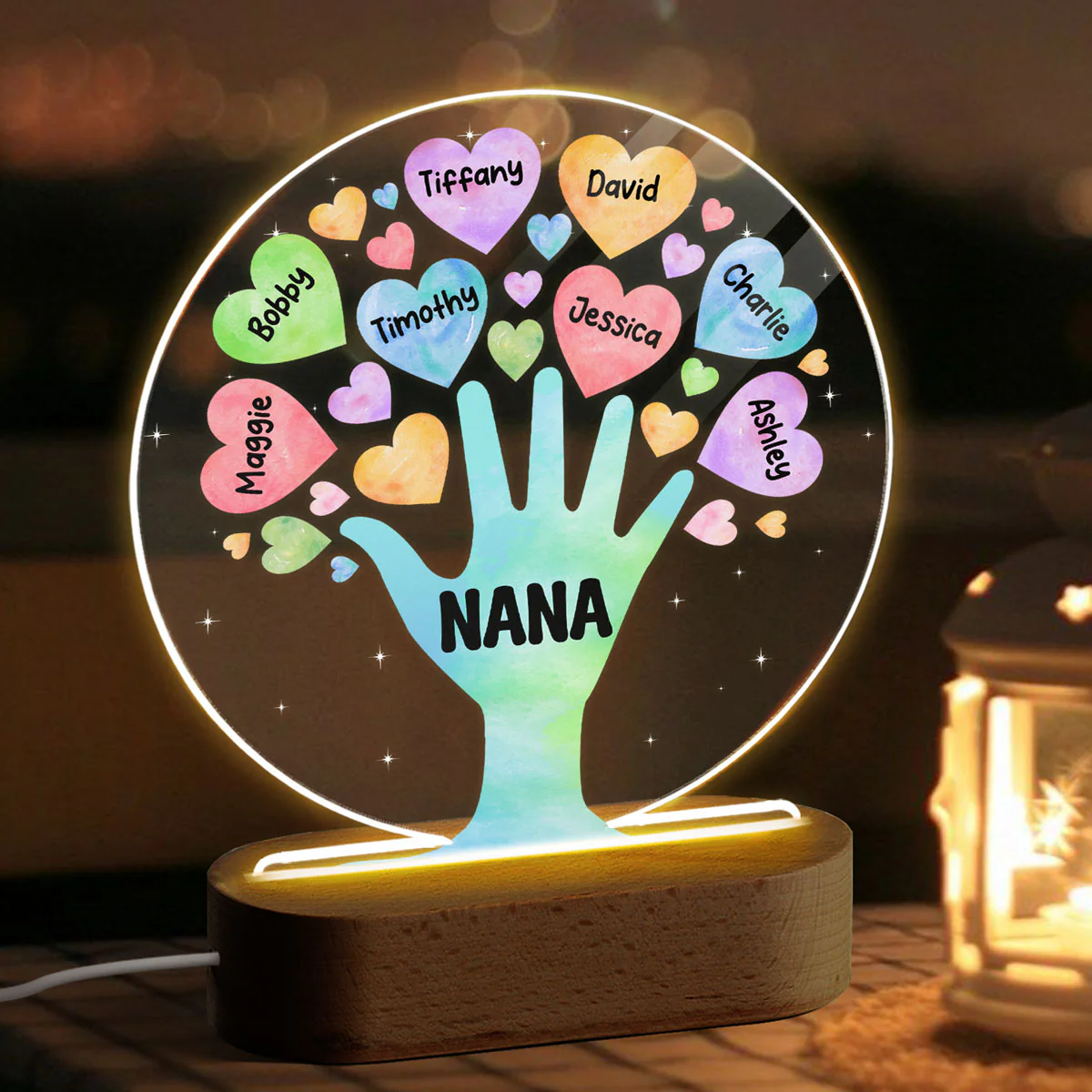 Grandma Tree Hand & Colorful Hearts Personalized Acrylic Plaque With LED Night Light - Image 3
