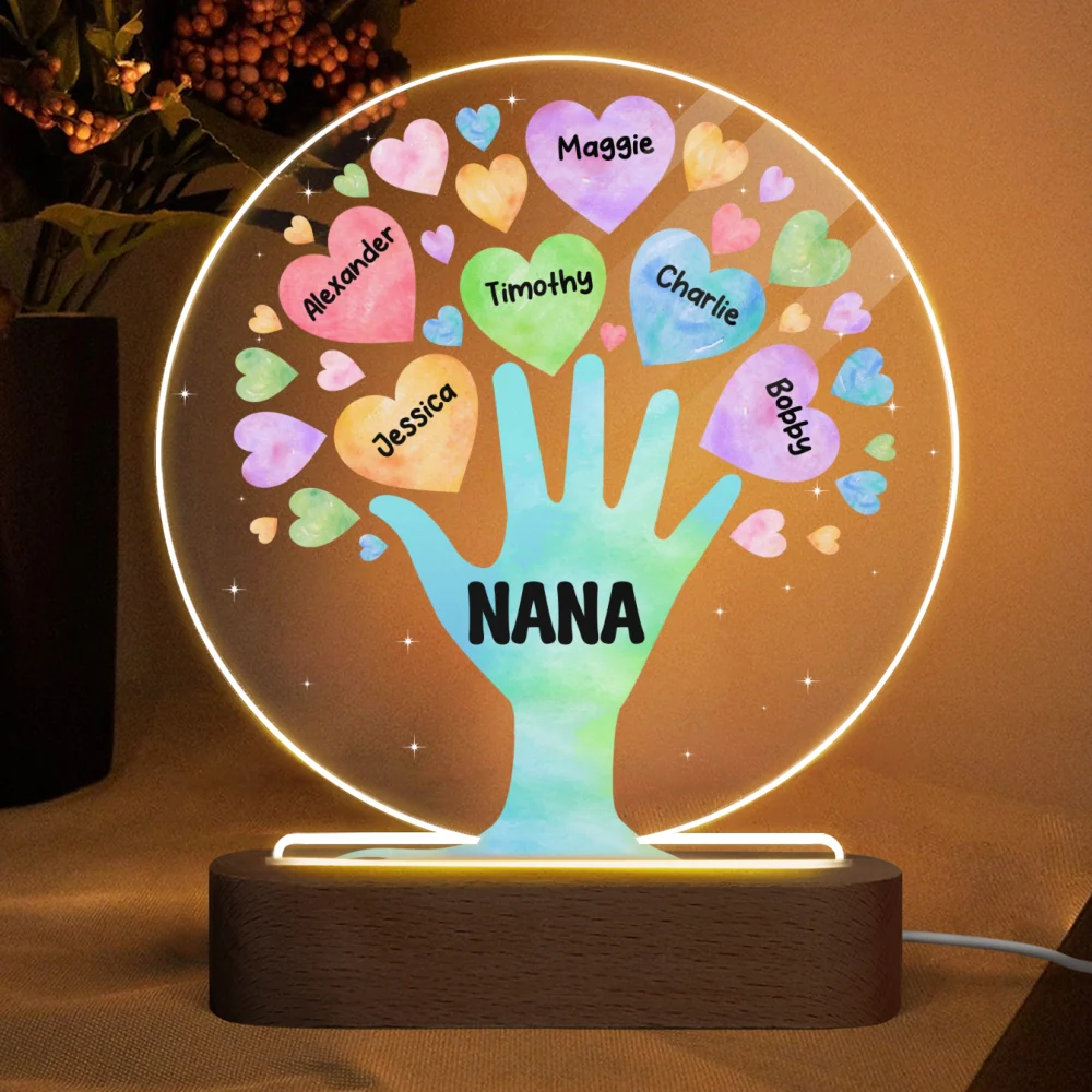 Grandma Tree Hand & Colorful Hearts Personalized Acrylic Plaque With LED Night Light - Image 4