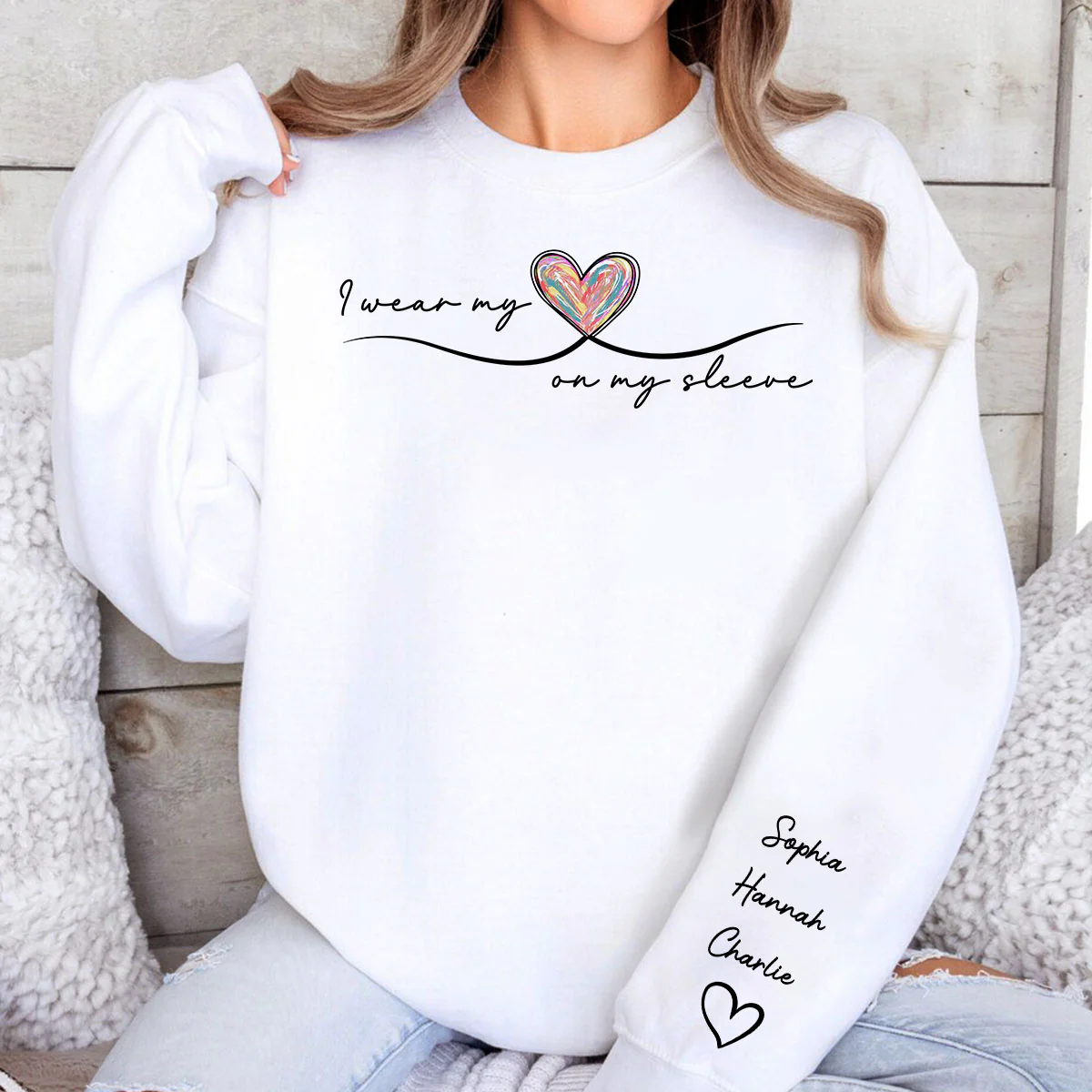 Grandma Wears Her Heart On Her Sleeve, Colorful Heart, Gift For Grandma And Mom, Personalized Sleeve Printed Sweatshirt - Image 3