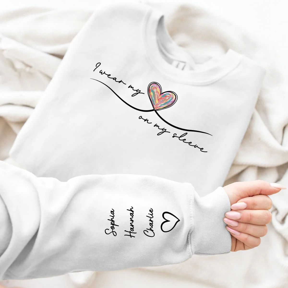 Grandma Wears Her Heart On Her Sleeve, Colorful Heart, Gift For Grandma And Mom, Personalized Sleeve Printed Sweatshirt - Image 4