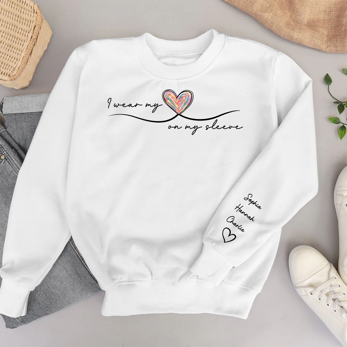 Grandma Wears Her Heart On Her Sleeve, Colorful Heart, Gift For Grandma And Mom, Personalized Sleeve Printed Sweatshirt - Image 5
