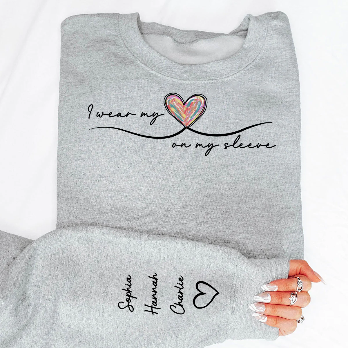 Grandma Wears Her Heart On Her Sleeve, Colorful Heart, Gift For Grandma And Mom, Personalized Sleeve Printed Sweatshirt - Image 6