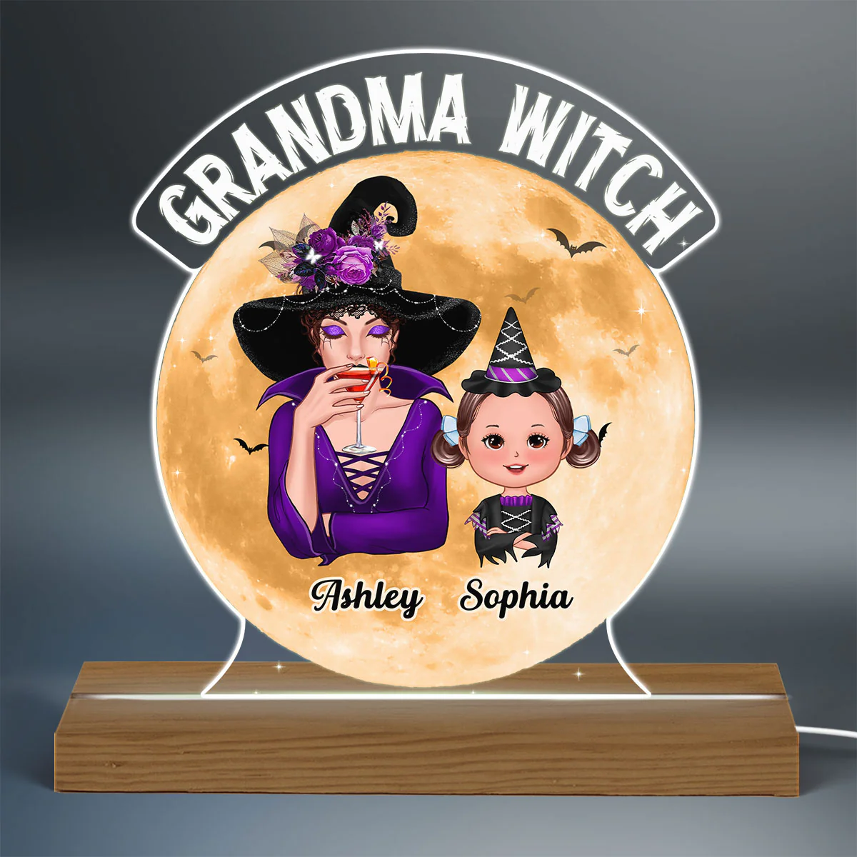 Grandma Witch Halloween Woman & Kids Personalized Custom Shaped Acrylic Plaque With LED Night Light - Image 2
