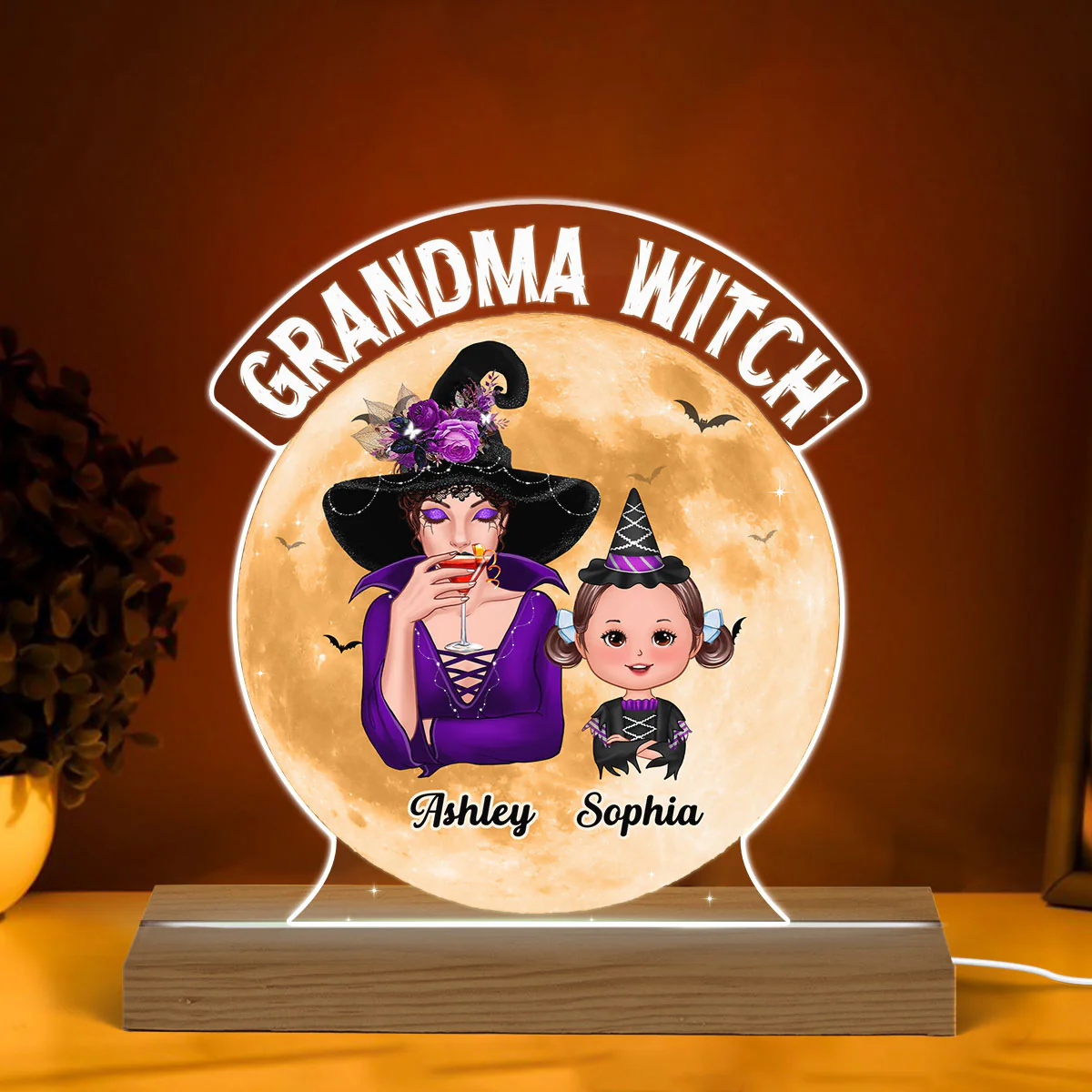 Grandma Witch Halloween Woman & Kids Personalized Custom Shaped Acrylic Plaque With LED Night Light - Image 3