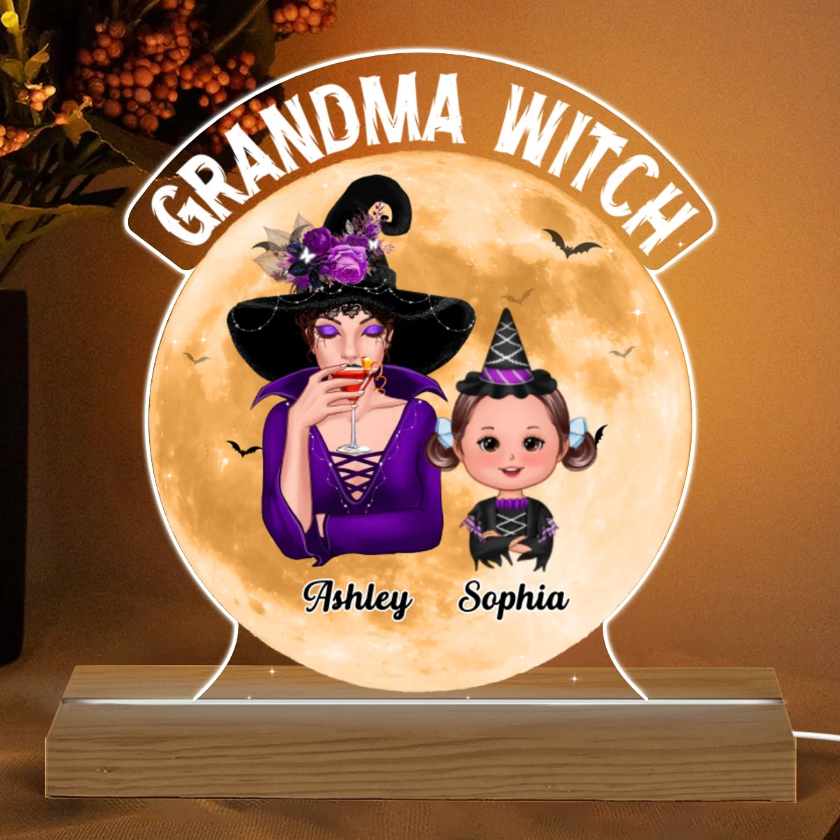 Grandma Witch Halloween Woman & Kids Personalized Custom Shaped Acrylic Plaque With LED Night Light - Image 4