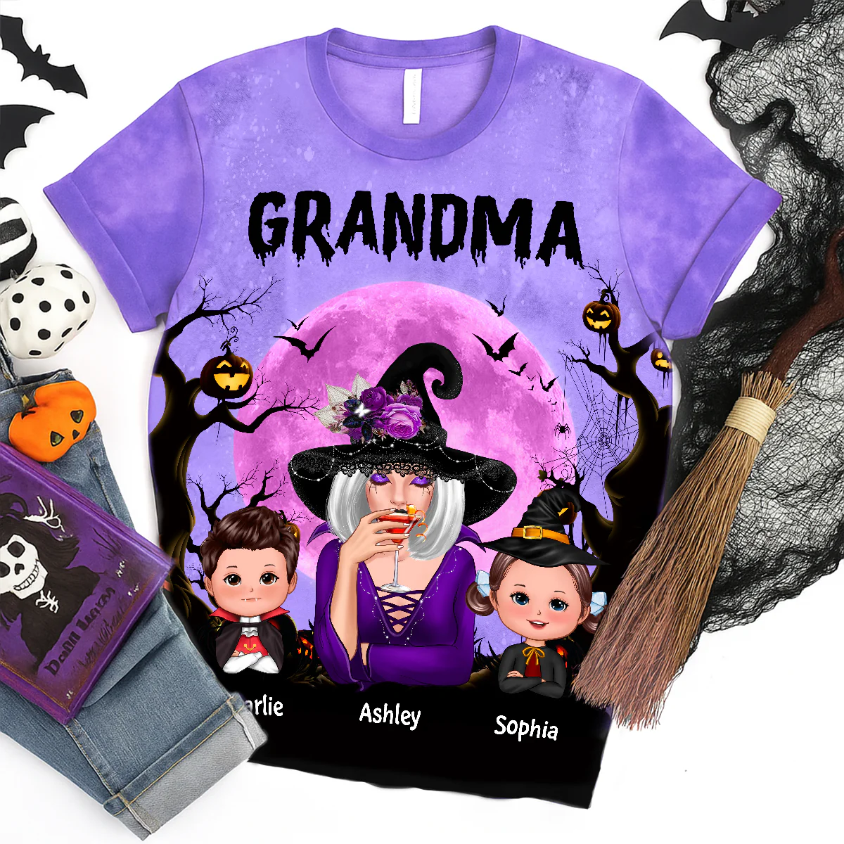Grandma Witch & Kids Moon Bat Tree Personalized Shirt, Halloween Costume for Grandma