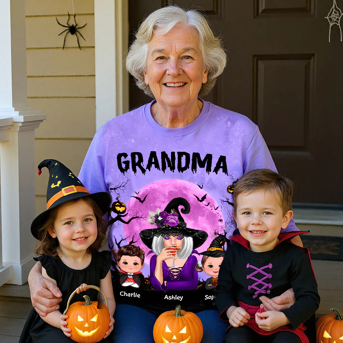 Grandma Witch & Kids Moon Bat Tree Personalized Shirt, Halloween Costume for Grandma - Image 2