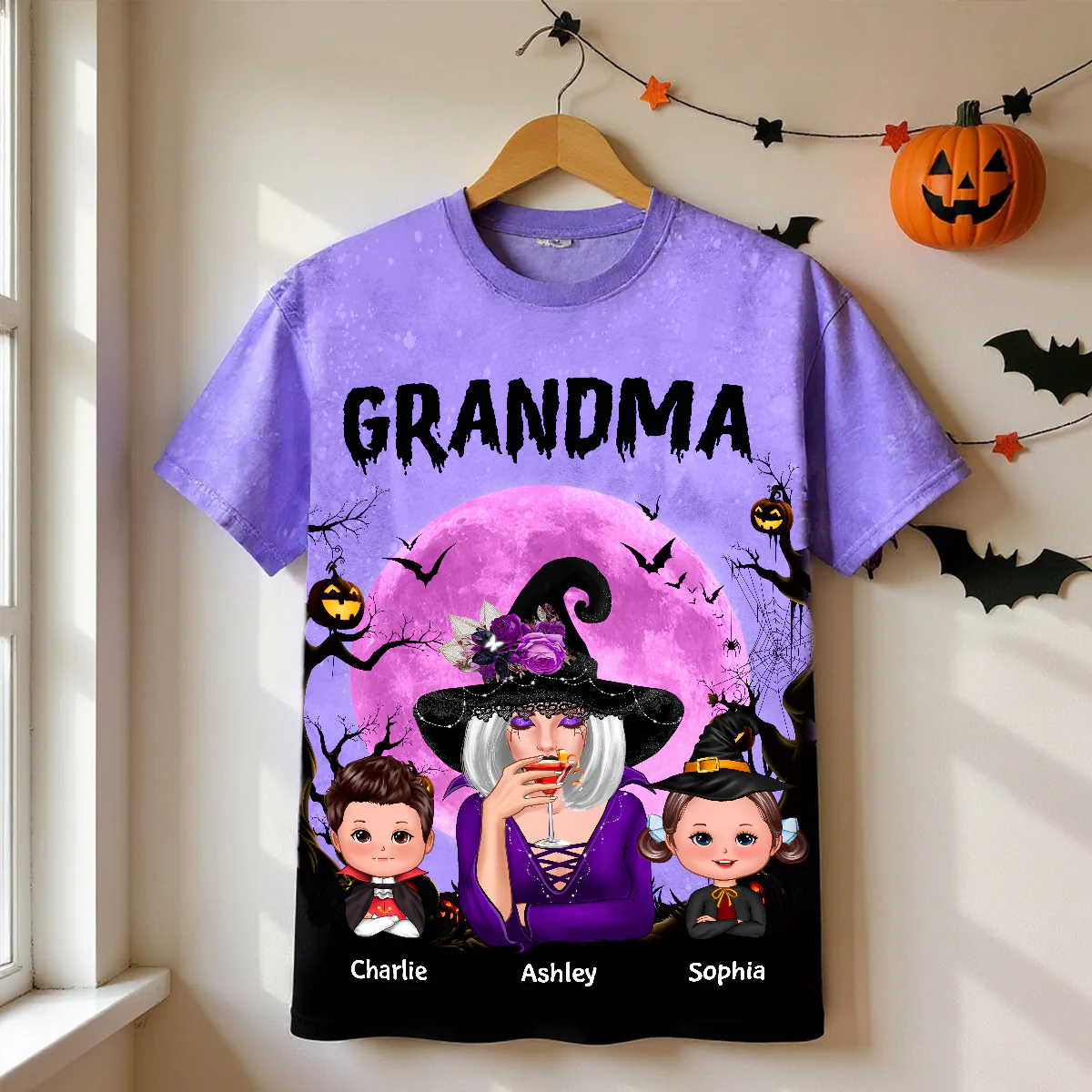 Grandma Witch & Kids Moon Bat Tree Personalized Shirt, Halloween Costume for Grandma - Image 3