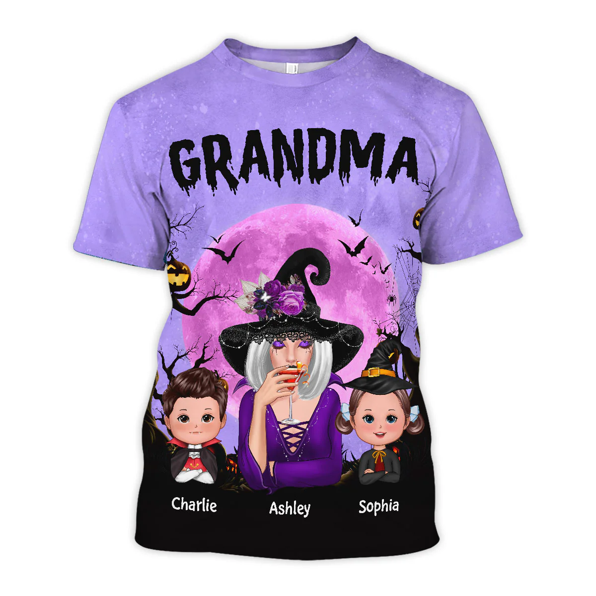 Grandma Witch & Kids Moon Bat Tree Personalized Shirt, Halloween Costume for Grandma - Image 5
