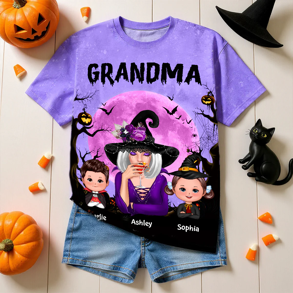 Grandma Witch & Kids Moon Bat Tree Personalized Shirt, Halloween Costume for Grandma - Image 7
