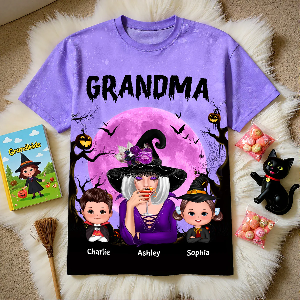 Grandma Witch & Kids Moon Bat Tree Personalized Shirt, Halloween Costume for Grandma - Image 8