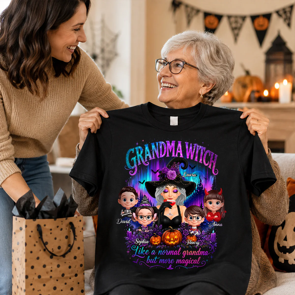 Grandma Witch More Magical Neon Light - Personalized Shirt - Trendy Halloween Tee for Grandma - Image 4