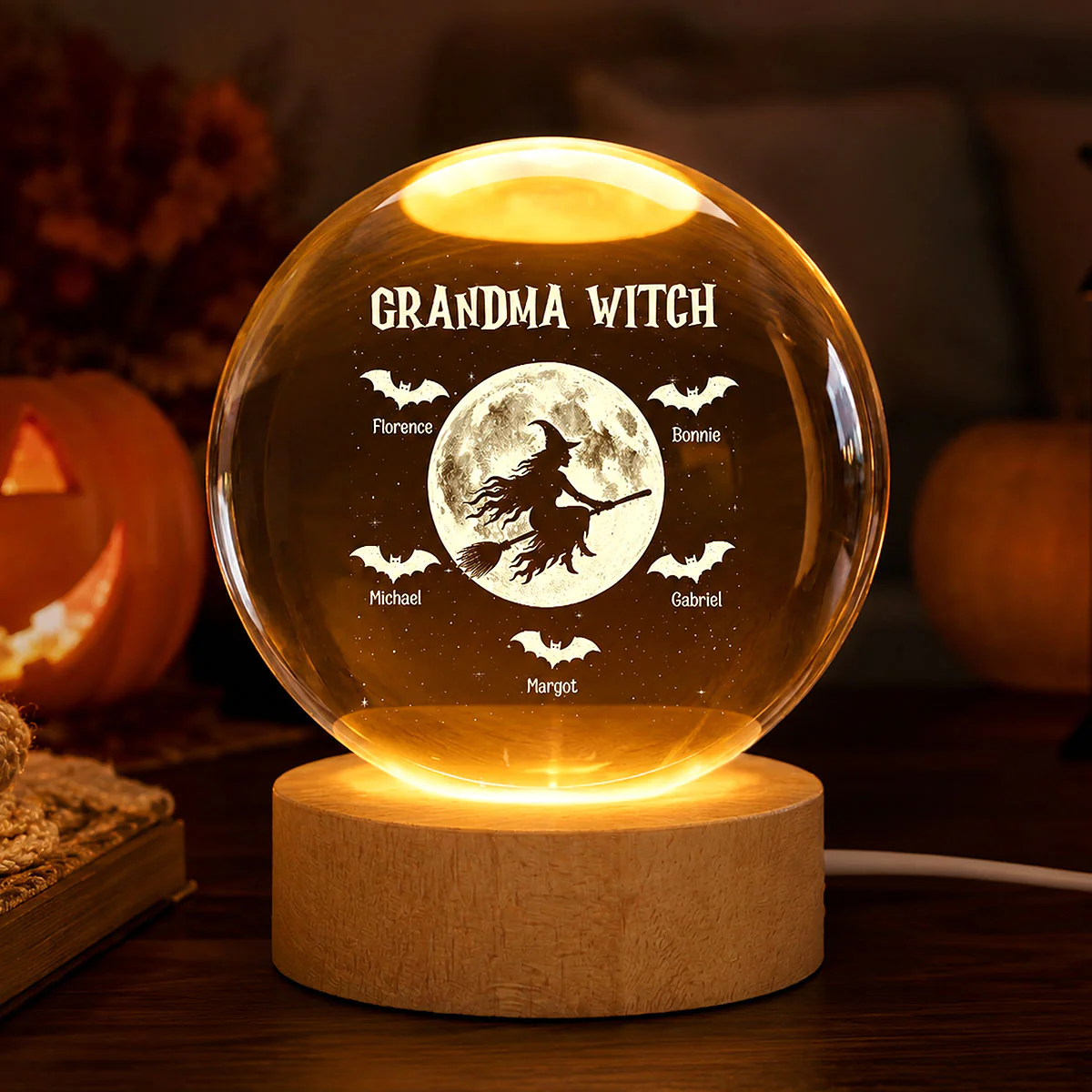 Grandma Witch With Kids Names - Personalized Crystal Ball Night Light - Halloween Gift - Image 2