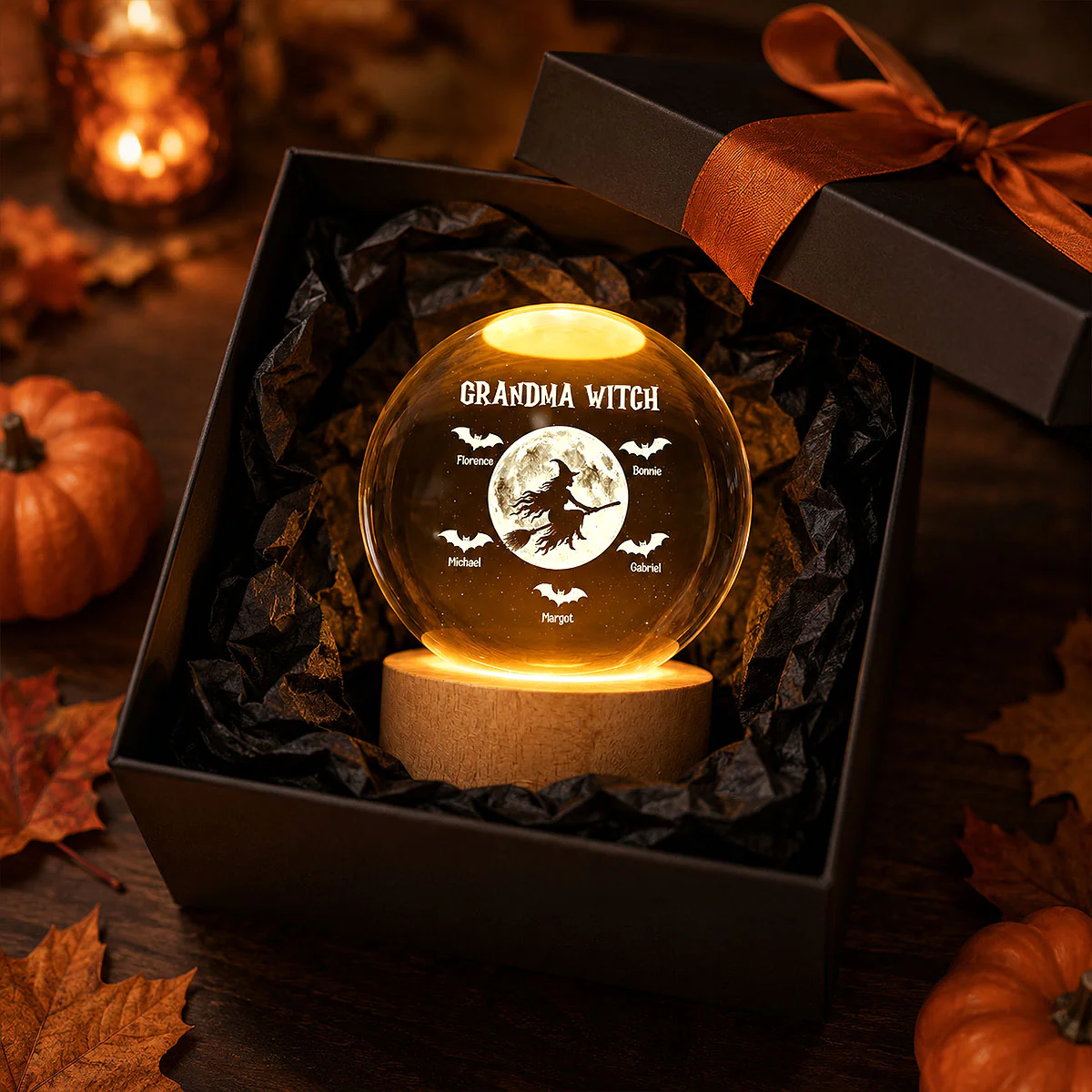 Grandma Witch With Kids Names - Personalized Crystal Ball Night Light - Halloween Gift - Image 3