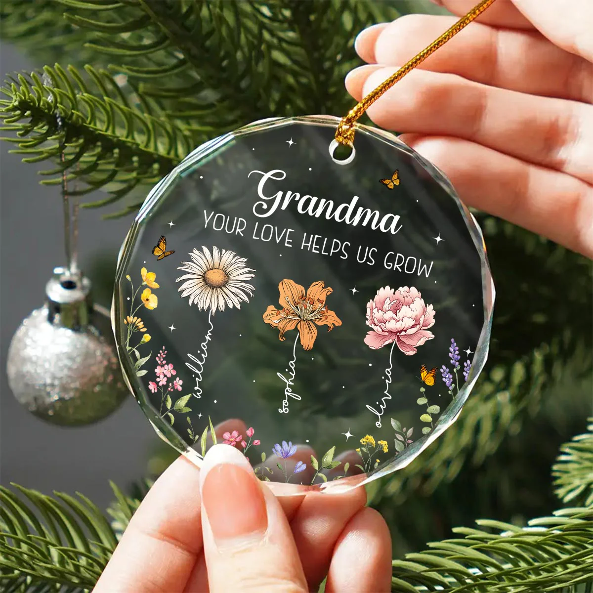 Grandma Your Love Helps Us Grow Birth Month Flowers Personalized Glass Ornament - Image 2