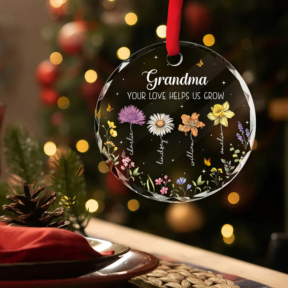 Grandma Your Love Helps Us Grow Birth Month Flowers Personalized Glass Ornament - Image 3