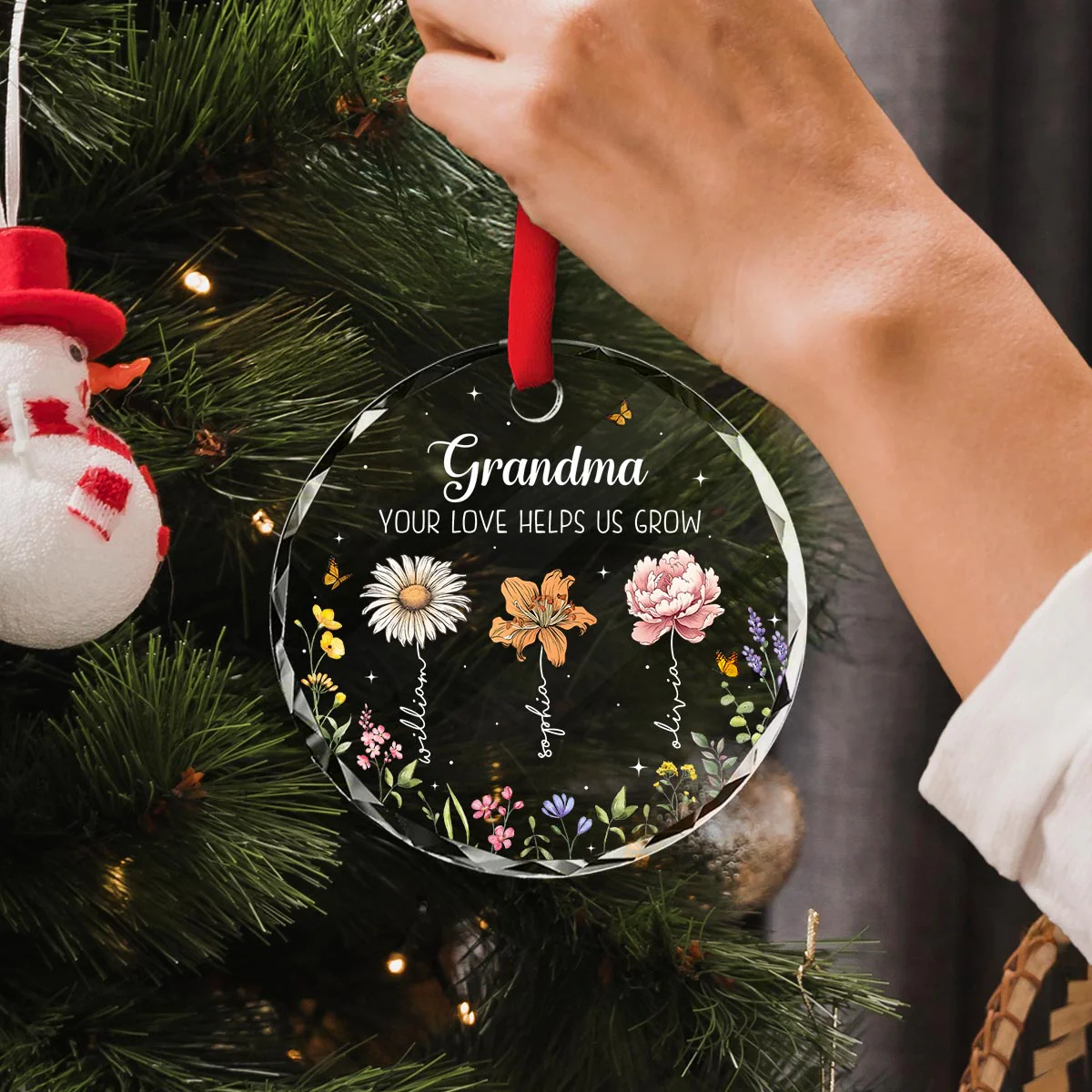 Grandma Your Love Helps Us Grow Birth Month Flowers Personalized Glass Ornament - Image 4