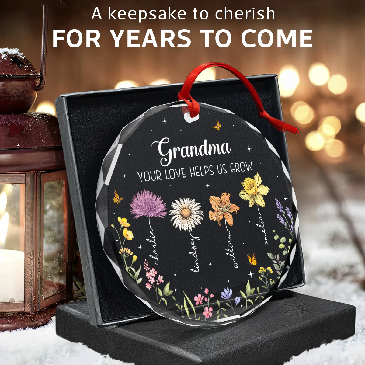 Grandma Your Love Helps Us Grow Birth Month Flowers Personalized Glass Ornament - Image 5