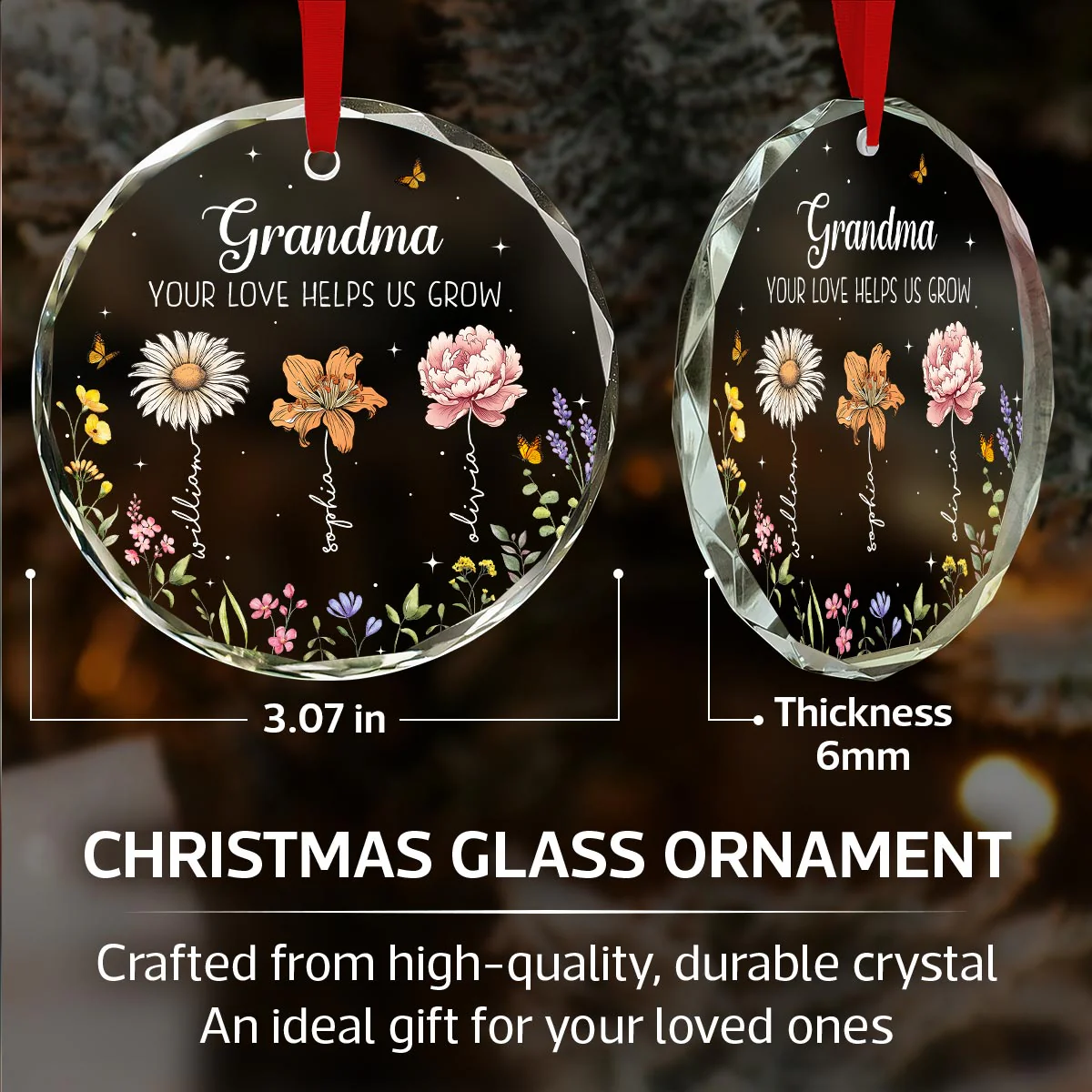 Grandma Your Love Helps Us Grow Birth Month Flowers Personalized Glass Ornament - Image 6