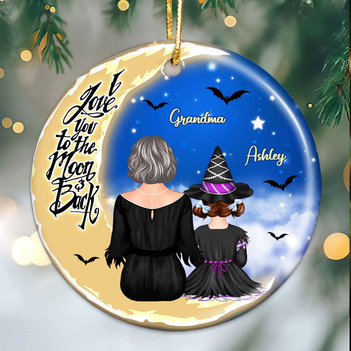 Grandma Grandkids On Moon Back View Halloween Personalized Circle Ornament - Image 2