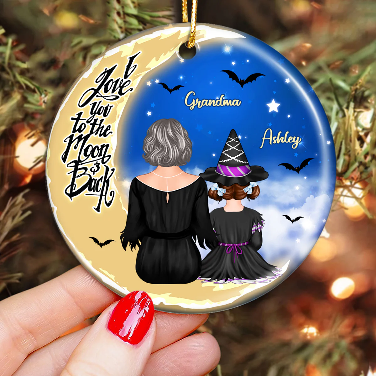Grandma Grandkids On Moon Back View Halloween Personalized Circle Ornament - Image 3
