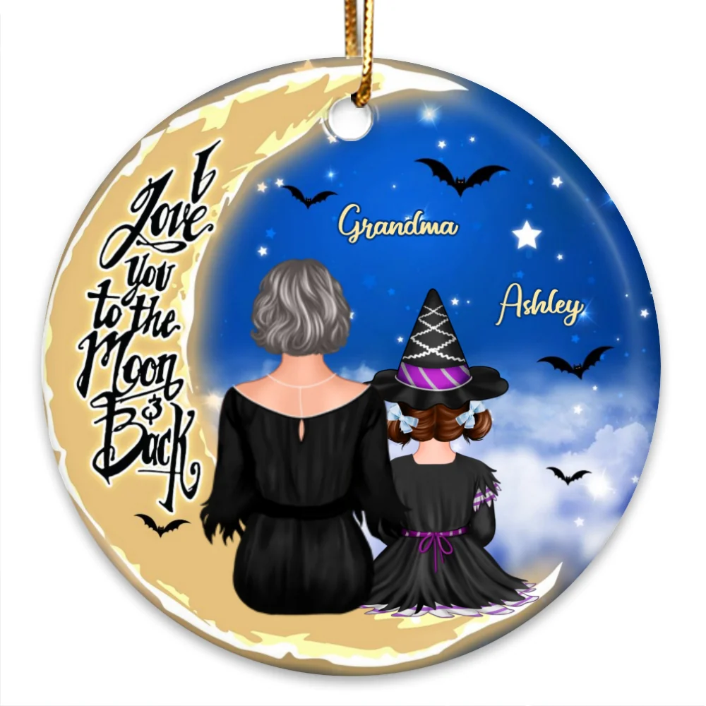 Grandma Grandkids On Moon Back View Halloween Personalized Circle Ornament - Image 8