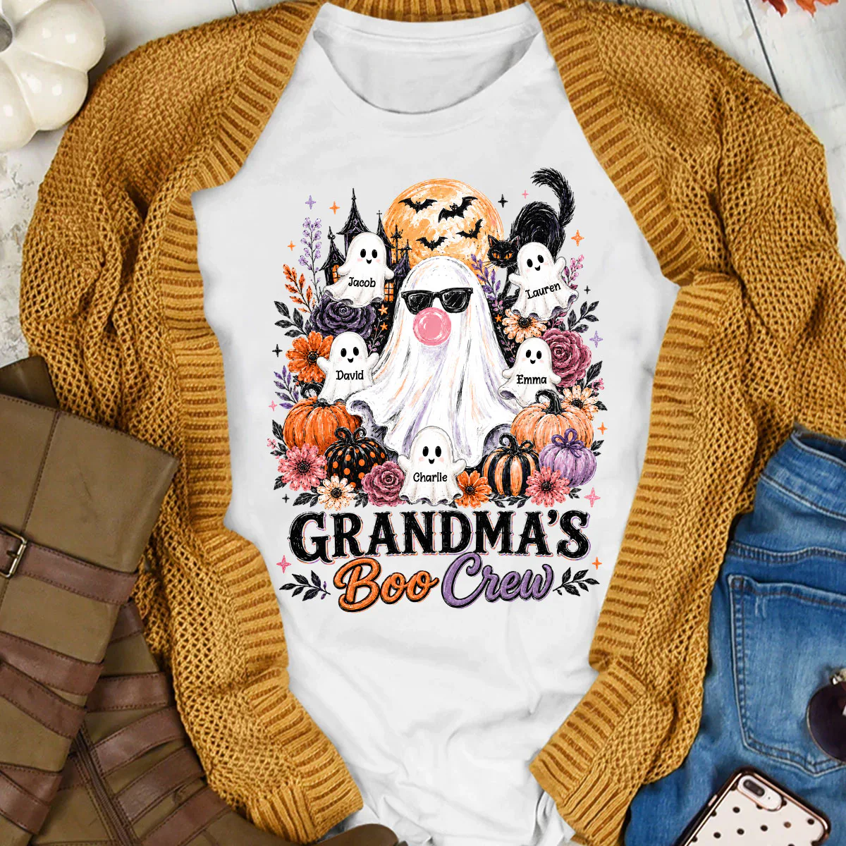 Grandma's Boo Crew Haunted House - Personalized Shirt - Trendy Halloween Tee for Grandma - Image 6