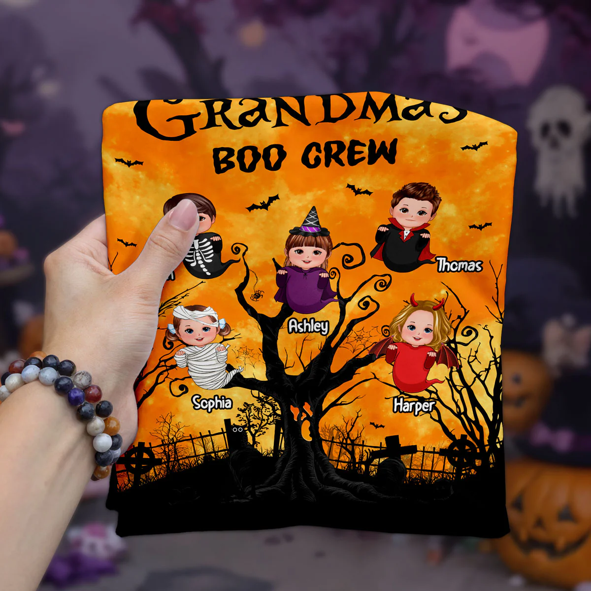 Grandma's Boo Crew Moon Bat Tree Theme Personalized Shirt, Perfect Halloween Costume for Grandma - Image 2