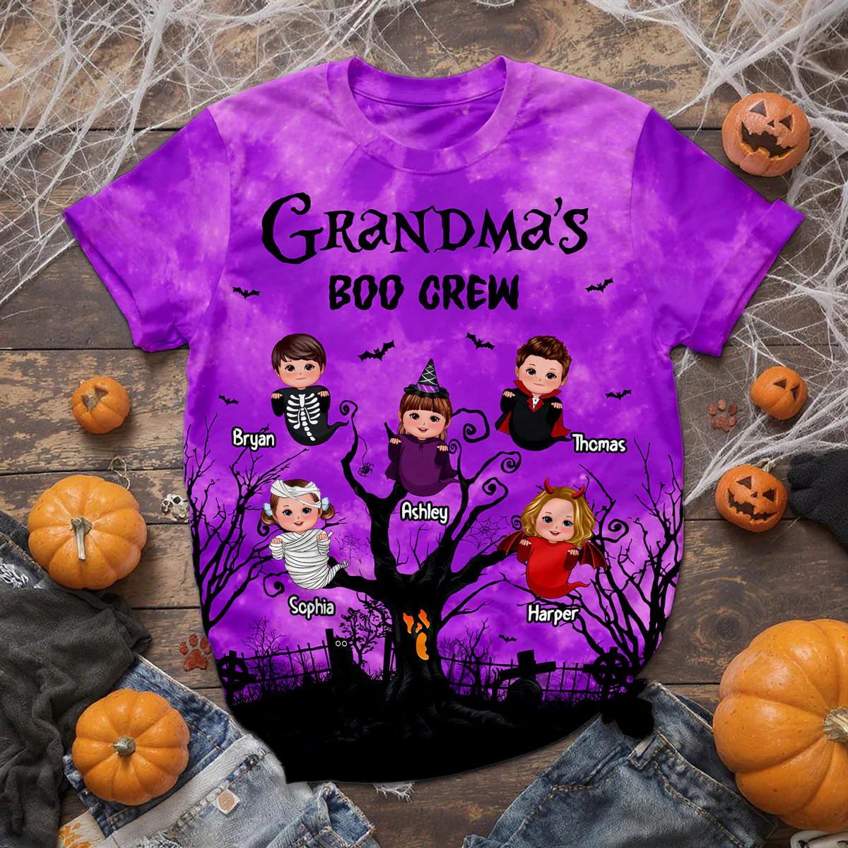 Grandma's Boo Crew Moon Bat Tree Theme Personalized Shirt, Perfect Halloween Costume for Grandma - Image 6
