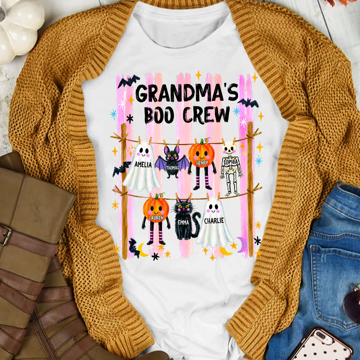 Grandma's Boo Crew Preppy Pattern - Personalized Shirt - Trendy Fall Halloween Tee for Grandma - Image 6