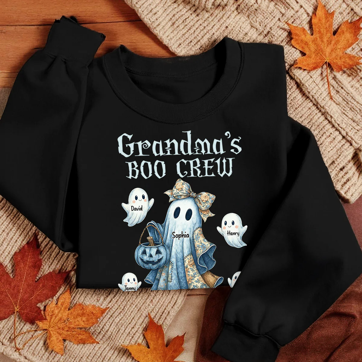 Grandma's Boo Crew Retro Halloween Blue Denim Ghost Personalized Sweatshirt, Spooky Sweatshirt for Grandma, Mom - Image 4